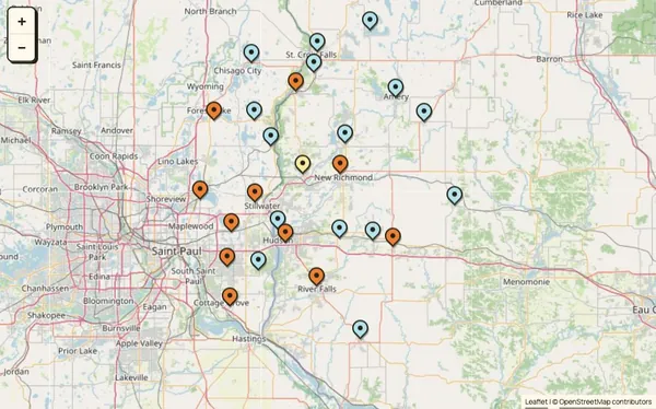 Preview of our Wisconsin and Minnesota service communities, with Somerset marked in yellow as home base.